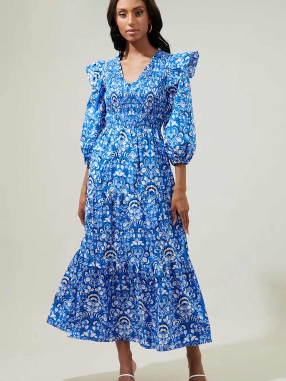 Sugarlips Lulu Floral Brighton Blue Boho Smocked Floral Ruffle Maxi Dress